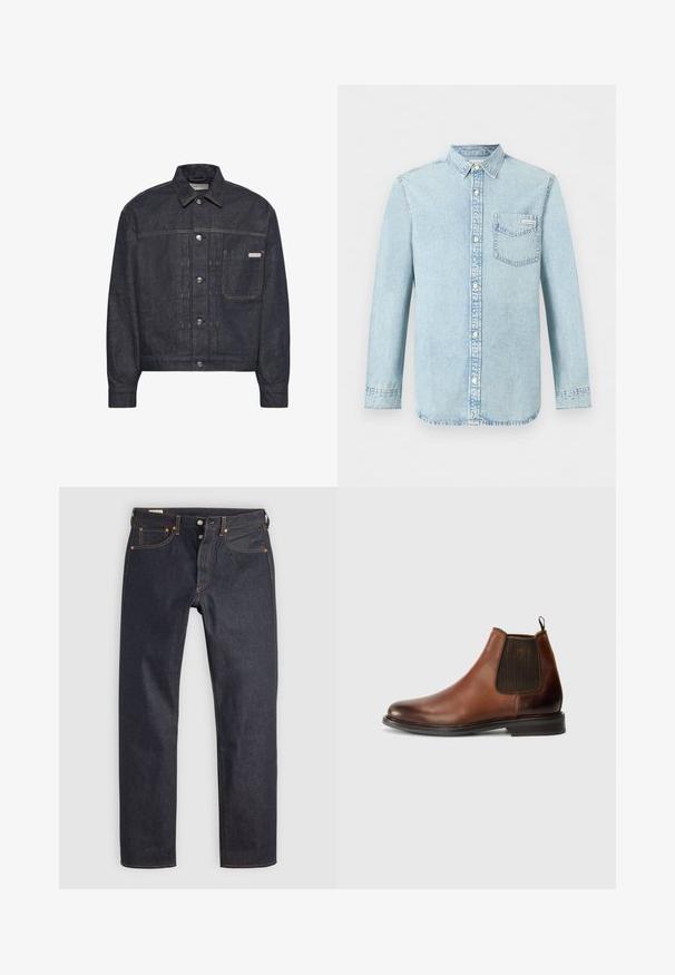 Mørkeblå denimjakke med sølvknapper, brystlomme på venstre side og Calvin Klein mærke på lommen. Lige krave og lange ærmer.; Lyseblå denim-skjorte med lange ærmer, knaplukning foran, enkelt brystlomme med Calvin Klein-logo og spids krave.; Mørkeblå denimjeans med lige ben, prydet med orange syninger og klassisk fem-lomme design. Lukning med knap og lynlås.; Brune læder Chelsea-støvle med elastisk sidepanel, rund tå og trækstrop, med en glat tekstur og kontrasterende mørkt panel.