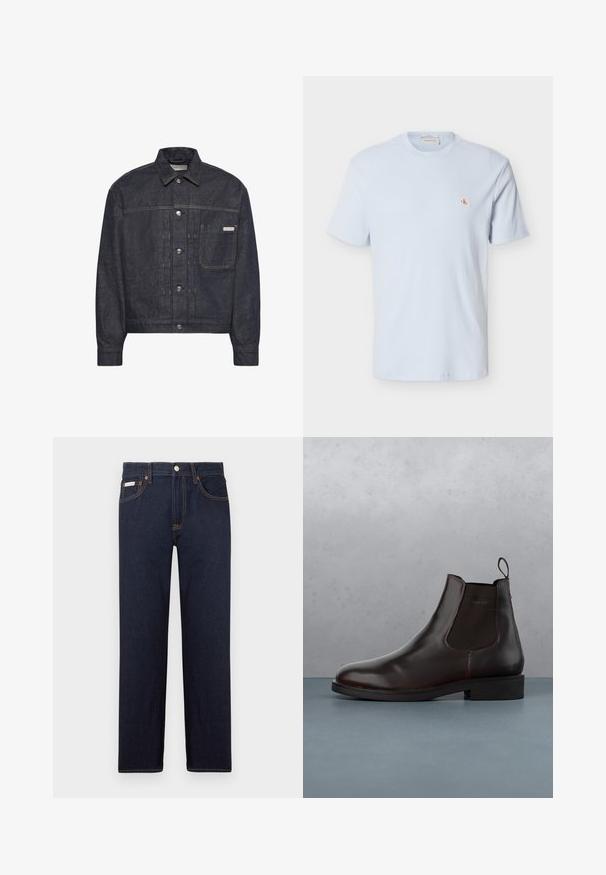 Donkerblauwe spijkerjas met zilveren knopen, borstzak aan de linkerkant en Calvin Klein-label op de zak. Rechte kraag en lange mouwen.; Lichtblauw T-shirt met korte mouwen van wafelstructuur, ronde hals en een klein rood "CK" logo-patch op de linkerborst.; Donkerblauwe denim jeans met een rechte snit, een klassieke vijf-pocketontwerp en contrasterende oranje stiksels. Voorzien van een metalen knoopsluiting.; Bruine leren Chelsea-boot met elastische zijpanelen, een trekhaak en een gladde afwerking, geplaatst tegen een gestructureerd oppervlak van baksteen en grind.