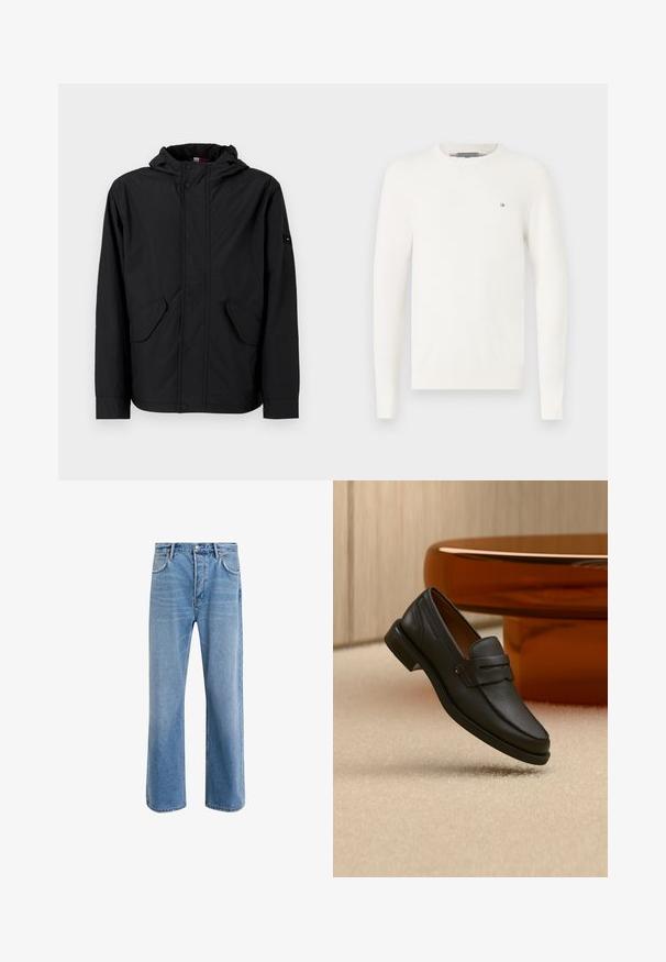 Zwarte hoodie-jack met voorflapzakken, rits- en drukknoopsluiting, weergegeven op een effen lichte achtergrond.; Witte gebreide trui met lange mouwen, ronde halslijn en subtiel textuurpatroon. Heeft een klein logo op de borst.; Lichtblauwe denim jeans met een straight-leg ontwerp, vijf zakken, knoopsluiting, minimale vervaging en contrasterende stikseldetails.; Zwarte leren herensloffen met een band over de bovenkant, getoond op een beige tapijt vlakbij een bruine moderne ronde tafel.