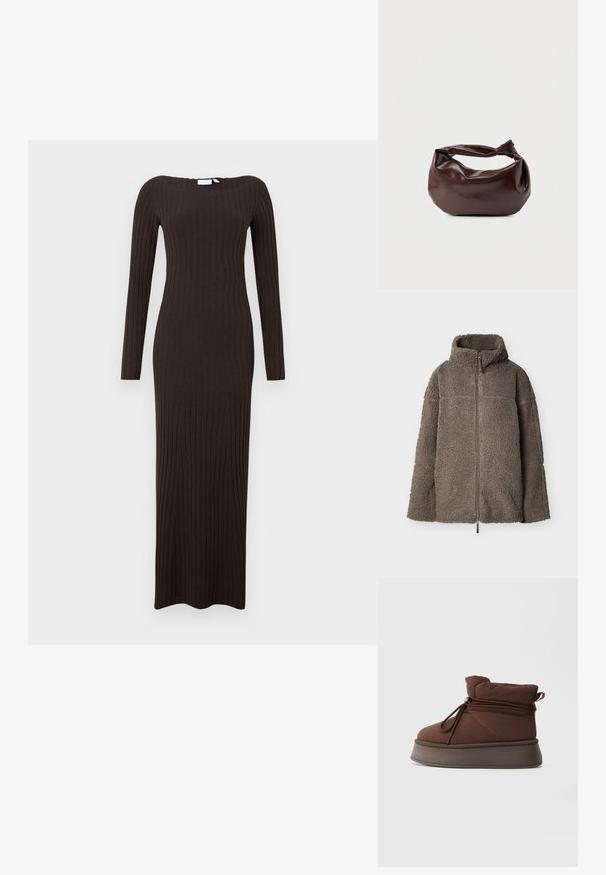 Braune Sherpa-Fleecejacke mit durchgehendem Reißverschluss, hohem Kragen und langen Ärmeln, flach auf weißem Hintergrund ausgelegt.; Langes, figurbetontes, geripptes Kleid in Dunkelbraun mit langen Ärmeln und schiffsausschnitt. Glatte Textur mit bodenlangem Design.; Braune gepolsterte Winterstiefel mit dicker Sohle und Schnürverschluss mit Zugband vor einem schlichten hellen Hintergrund.; Dunkelbraune Lederschultertasche mit weicher, lockerer Form und einem gedrehten Knotengriff vor schlichtem weißem Hintergrund.