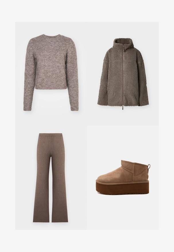 Chaqueta de forro polar sherpa marrón con cremallera completa, cuello alto y mangas largas, mostrada extendida sobre un fondo blanco.; Suéter corto color marrón claro, con mangas largas, escote redondo y un tejido de punto texturizado. Sin patrones visibles ni detalles de herrajes.; Pantalones de punto marrón de talle alto con corte de pierna ancha y cintura elástica acanalada, mostrados planos sobre un fondo claro.; Botín marrón de ante de altura media, tipo slip-on, con suela gruesa de plataforma y lengüeta en la parte trasera, sobre fondo claro.