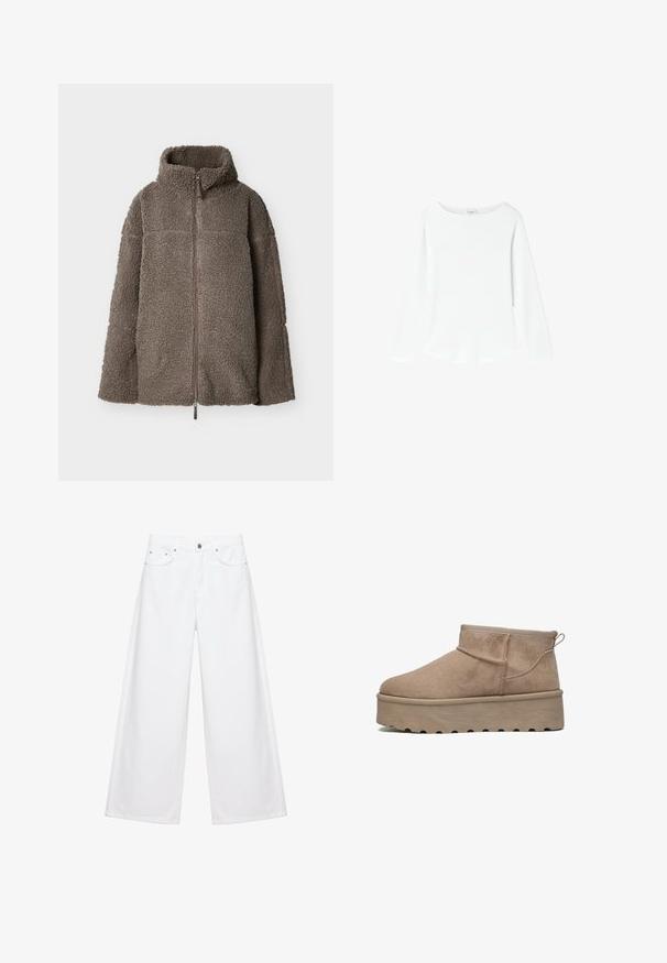 Brun sherpa fleecejakke med fuld lynlås, høj krave og lange ærmer, vist fladt på en hvid baggrund.; Plain hvid langærmet crewneck skjorte med tætsiddende pasform og uden synlige mønstre eller logoer, vist på en hvid baggrund.; Hvide bukser med vide ben, frontknapper og lynlås, bæltestropper og to forlommer, vist på en ensfarvet hvid baggrund.; Beige suede ankelstøvle med rund tå, elastisk krave og en tykk platformsål med dybe riller for greb. Flad, strømlinet design.