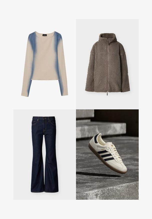 Chaqueta de forro polar sherpa marrón con cremallera completa, cuello alto y mangas largas, mostrada extendida sobre un fondo blanco.; Camiseta de manga larga en color beige claro, con un diseño en degradado azul. Textura suave, con cuello redondo y línea de dobladillo recta.; Vaqueros de mezclilla azul oscuro con piernas acampanadas, cierre frontal de botones y cremallera, y diseño de cinco bolsillos con costuras en contraste.; Zapatilla blanca Adidas Samba con franjas negras y suela de goma, flotando sobre escalones de hormigón gris texturizado.
