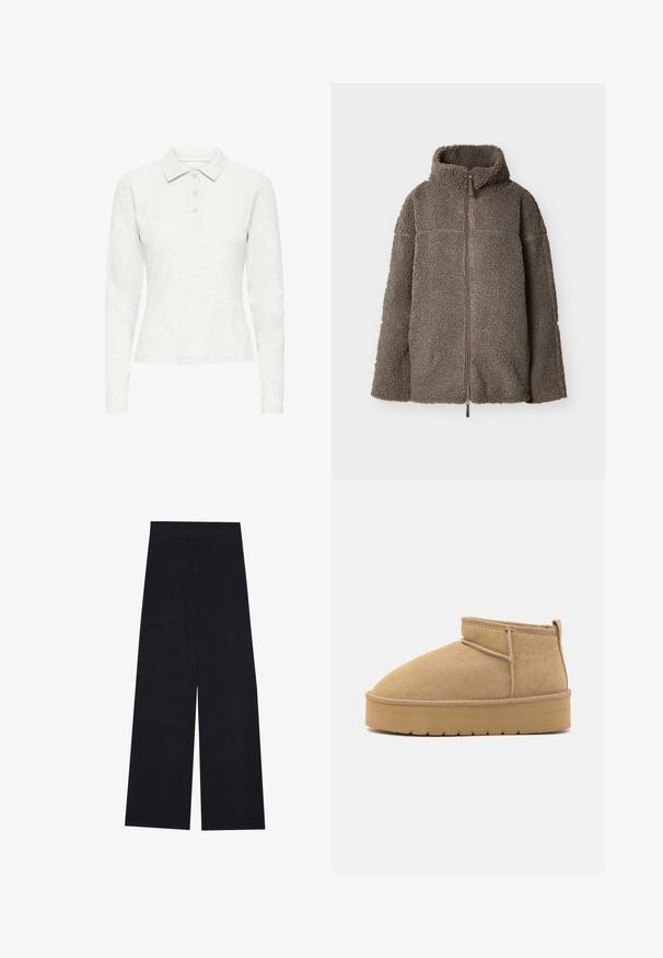 Chaqueta de forro polar sherpa marrón con cremallera completa, cuello alto y mangas largas, mostrada extendida sobre un fondo blanco.; Camisa polo blanca de manga larga con tres botones, fabricada en un tejido suave y texturizado, con un cuello clásico, mostrada de frente sobre un fondo plano.; Pantalones de pierna ancha en azul marino oscuro con textura de canalé vertical. Cuenta con una cinturilla suave y un corte recto, ofreciendo un ajuste relajado.; Botines de ante beige con punta redondeada, costuras mínimas y suela de goma marrón claro con un patrón texturizado.