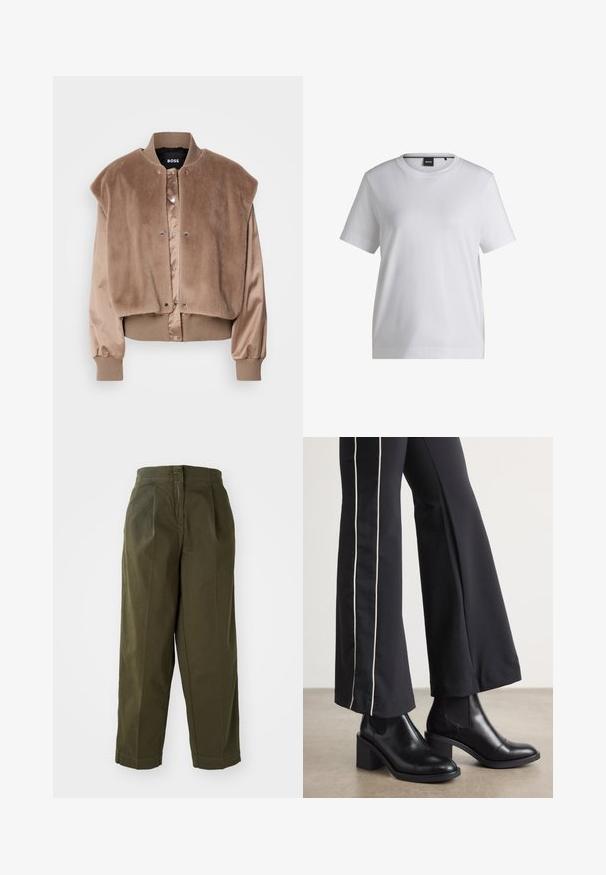 Chaqueta bomber marrón con parte superior suave y parecida a piel de pelo y mangas de satén. Presenta cierre de botones a presión y puños y dobladillo acanalados.; Camiseta de algodón blanca con cuello redondo, mangas cortas y un corte relajado. Presenta una pequeña etiqueta de la marca cerca del cuello.; Pantalones de pierna ancha color verde oliva con cintura alta, con pliegues frontales y dobladillos vueltos. Fabricados en un tejido ligero con una textura suave.; Botines de cuero negro con tacón cuadrado, con paneles laterales elásticos. Combinados con pantalones negros que tienen una franja blanca lateral.