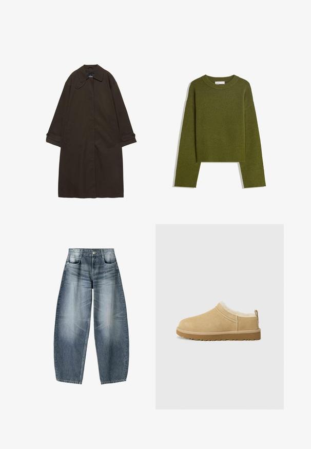 Mørkebrun lang trenchcoat med bred krave, knaplukning ved manchetter, skjult lukning foran og sidelommer, lagt fladt på hvid baggrund.; Olivenfarvet strikket sweater med rund hals, lange ærmer og ribbet kant. Har et cropped design med en blød, struktureret overflade.; Bredde jeans lavet af lyseblå denim med falmning, der har et fem-lomme design, knaplukning og minimale syninger.; Suede slip-on sko i lys tan, med en blød pelsforing og tekstureret gummisål med en let hæl og bagestrop for nem påklædning.