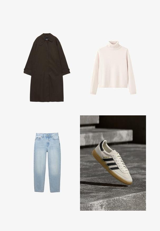 Donkerbruine lange trenchcoat met brede kraag, geruite manchetten, verborgen voorzijde sluiting en zijzakken, plat liggend op een witte achtergrond.; Lichtroze coltrui van zacht gebreid materiaal, met ribbelkraag en -manchetten, in een ontspannen pasvorm en minimalistisch ontwerp.; Lichtblauwe high-waist jeans met rechte pijpen, voorste knoop, ritssluiting, riemlussen en vijfzakkenontwerp op een witte achtergrond.; Witte Adidas Spezial sneaker met zwarte strepen en gumzool, zwevend boven grijze stenen trappen buiten.