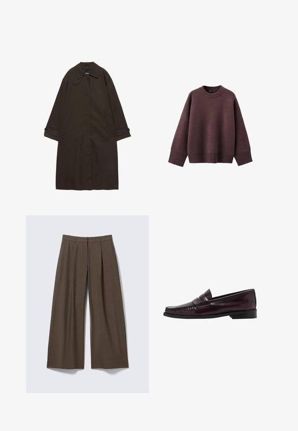Donkerbruine lange trenchcoat met brede kraag, geruite manchetten, verborgen voorzijde sluiting en zijzakken, plat liggend op een witte achtergrond.; Loszittende trui in donker bordeauxrood, gemaakt van zachte gebreide stof. Voorzien van een geribde ronde hals, brede mouwen en een geribde zoom.; Bruine brede pijpen broek met krijtstreep, riemlussen en voorplooien, plat uitgestald op een lichtgrijze achtergrond.; Donkerbruine leren penny loafer voor mannen met een zwarte zool en stiksels langs de neus, weergegeven in zijprofiel.