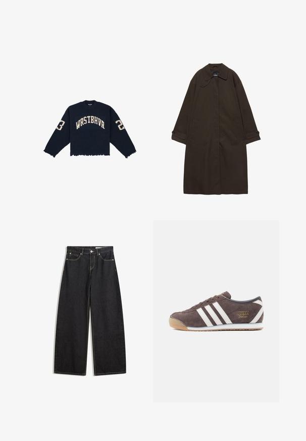 Mørkebrun lang trenchcoat med bred krave, knaplukning ved manchetter, skjult lukning foran og sidelommer, lagt fladt på hvid baggrund.; Marineblå ribstrikket sweater med cropped design, frynset kant og fed cremefarvet skrift "WRSTBHVR" samt tallene "2" og "3" på ærmerne.; Sort denimbukser i bred model med høj talje, fem lommer, kontraststing og knaplukning. Glat tekstur med klassisk snit.; Brun ruskindsneaker med tre hvide striber, en struktureret sål og gyldent mærke. Har en lav profil og en afrundet tå.
