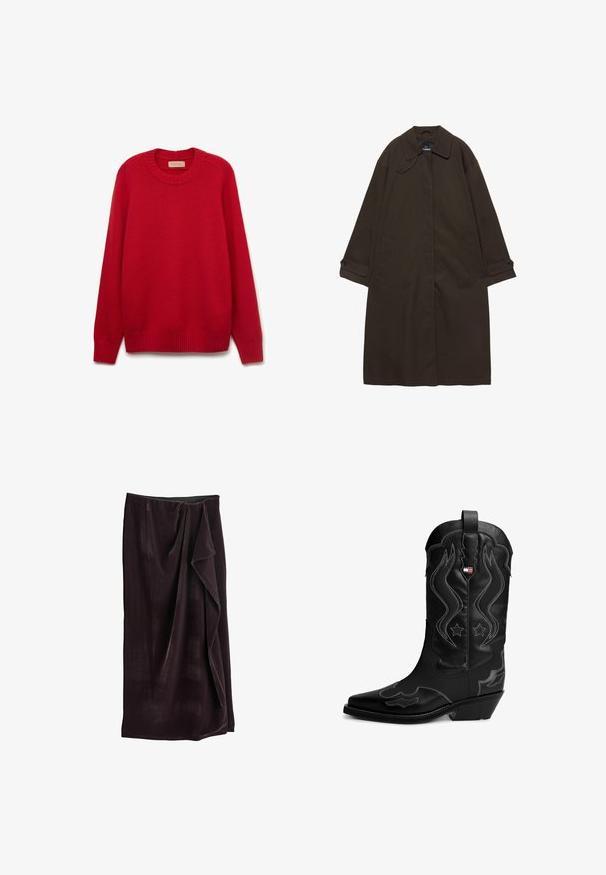 Mørkebrun lang trenchcoat med bred krave, knaplukning ved manchetter, skjult lukning foran og sidelommer, lagt fladt på hvid baggrund.; Rød sweater med rund halsudskæring, ribbede manchetter og kant. Fremstillet af blødt strikmateriale med en ensartet tekstur og ensfarvet design.; Mørk lilla fløjlsskop med draperet design foran, mellemlang længde, glat tekstur og elastisk talje.; Sort læder cowboystøvle med hvide syninger, dekorative flamme- og stjernemønstre, skrå hæl og trækstrop øverst.