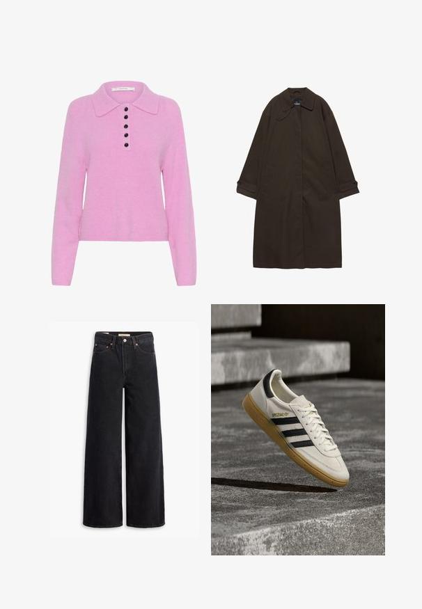 Trench-coat long marron foncé avec col large, poignets boutonnés, fermeture avant cachée, et poches latérales, étalé à plat sur fond blanc.; Pull en tricot rose avec col, doté d'une patte de boutonnage avec six boutons noirs, à manches longues et à la texture douce.; Jean noir à jambe large en denim, comportant cinq poches, des rivets en laiton et une fermeture à bouton classique. Texture lisse avec un design épuré.; Baskets Adidas Spezial blanches avec des rayures noires et une semelle en gomme flottant au-dessus de marches en pierre grises à l'extérieur.