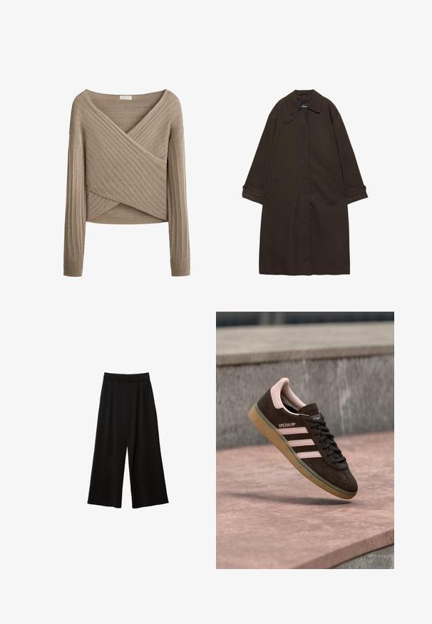 Trench-coat long marron foncé avec col large, poignets boutonnés, fermeture avant cachée, et poches latérales, étalé à plat sur fond blanc.; Pull beige en maille côtelée à manches longues avec un col en V croisé et un ourlet asymétrique.; Pantalon large noir à taille haute, doté de plis, d'une texture lisse et sans poches ni ornementations visibles.; Baskets en suède brun foncé avec des accents roses, présentant trois bandes roses, une semelle texturée et un logo sur le côté. Design classique à profil bas.