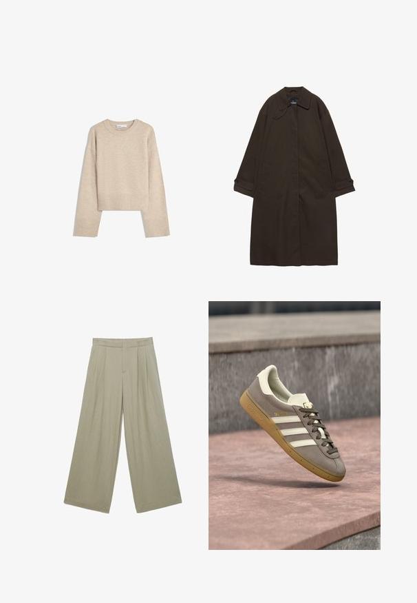 Donkerbruine lange trenchcoat met brede kraag, geruite manchetten, verborgen voorzijde sluiting en zijzakken, plat liggend op een witte achtergrond.; Beige cropped sweater gemaakt van zacht breimateriaal. Heeft een ronde halslijn, lange mouwen en geribde boorden en onderkant voor extra textuur.; Beige broek met wijde pijpen, voorplooien, een tailleband en een verborgen sluiting aan de voorkant.; Lichtbruine suède Adidas sneaker met witte strepen en een rubberen zool, hangend boven roze stenen traptreden buiten.