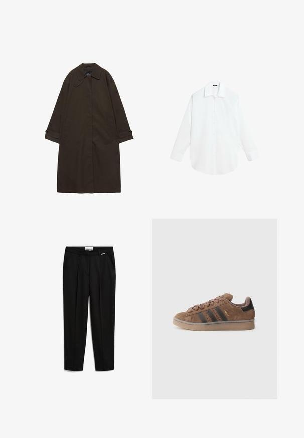 Donkerbruine lange trenchcoat met brede kraag, geruite manchetten, verborgen voorzijde sluiting en zijzakken, plat liggend op een witte achtergrond.; Wit overhemd met lange mouwen en knopen, met klassieke kraag en manchetten, plat gelegen op een witte achtergrond.; Zwarte broek van gladde stof, met een recht gesneden pijp, zijzakken en een subtiele merkaccent op de tailleband.; Bruine suède sneaker met drie donkere strepen, een gestructureerde vetersluiting aan de voorkant en een contrasterende zwarte hiel. Voorzien van een rubberen zool en gouden merkdetails.