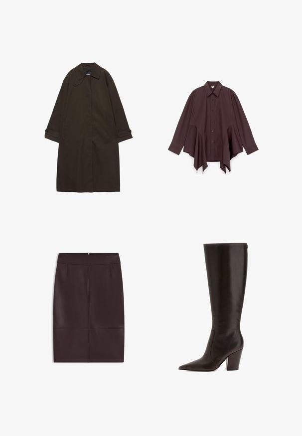 Mørkebrun lang trenchcoat med bred krave, knaplukning ved manchetter, skjult lukning foran og sidelommer, lagt fladt på hvid baggrund.; Brun oversized skjorte i glat stof med spidst krave, fuld knaplukning foran og asymmetrisk kant med sideudskæringer.; Bordeaux læderblyantnederdel med en glat tekstur, der har frontfald og en skjult lynlås bagpå til lukning.; Brune læderknæ-high støvle med spids tå og blokhæl. Har en glat overflade og lynlås på siden for nem påtagning.