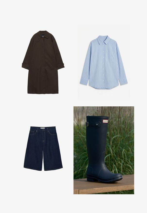 Donkerbruine lange trenchcoat met brede kraag, geruite manchetten, verborgen voorzijde sluiting en zijzakken, plat liggend op een witte achtergrond.; Lichtblauw overhemd met lange mouwen, knopen en dunne donkerverticale strepen, met een borstzak, afgebeeld tegen een witte achtergrond.; Donkerblauwe denim korte broek tot op de knie met knoop- en ritssluiting, voor- en achterzakken, en contrasterende stiksels.; Marine rubber regenlaars met een ronde neus, gestructureerd oppervlak, verstelbare gesp detail en Hunter logo nabij de bovenkant. Stabiele profielzool.