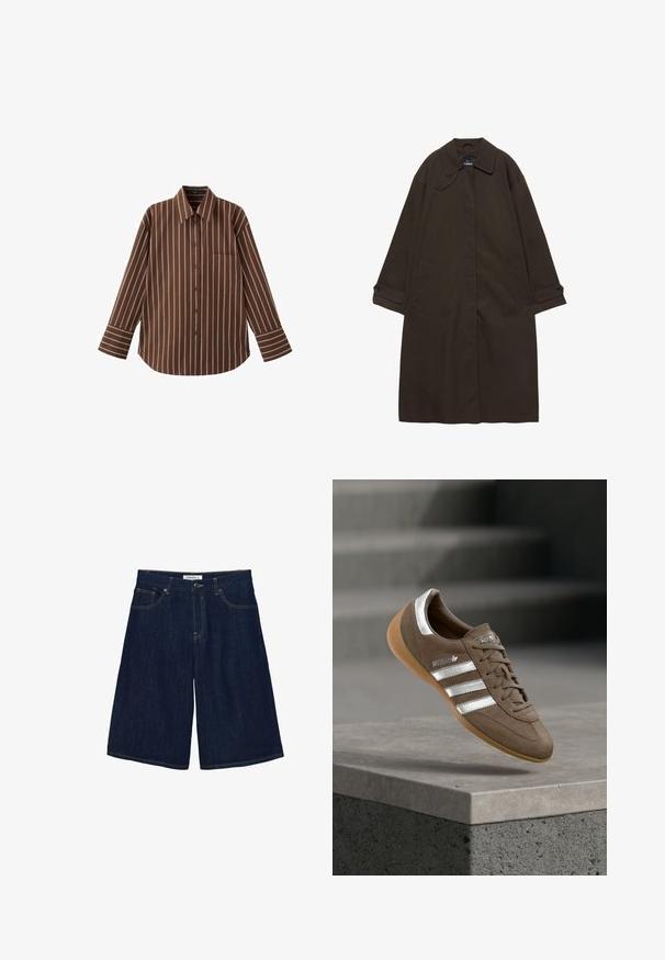 Trench-coat long marron foncé avec col large, poignets boutonnés, fermeture avant cachée, et poches latérales, étalé à plat sur fond blanc.; Chemise marron à manches longues avec boutons et rayures verticales blanches, dotée d'une poche poitrine, posée à plat sur un fond blanc.; Shorts en denim bleu foncé jusqu'au genou avec fermeture par bouton et zip, poches avant et arrière, et coutures contrastées.; Baskets en daim marron avec des rayures blanches et des accents argentés, dotées d'une tige texturée, d'un système de laçage et d'une semelle en caoutchouc gomme.