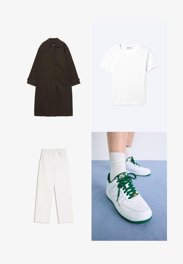 Mørkebrun lang trenchcoat med bred krave, knaplukning ved manchetter, skjult lukning foran og sidelommer, lagt fladt på hvid baggrund.; Ensfarvet hvid t-shirt med korte ærmer og rund halsudskæring med en lille "WEEKDAY" label indeni halskanten, vist fladt på en lys baggrund.; Hvide jeans med lige ben, frontknap og lynlås, fem-lomme-stil og bæltestropper, lagt fladt på en hvid baggrund.; Hvide læder Nike Air Force 1 sko med grønne detaljer, snøre og sål; med perforeret tå og guld detaljer på snøreområdet.