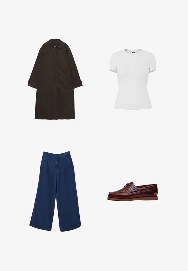 Dunkelbrauner langer Trenchcoat mit weitem Kragen, Knopfmanschetten, verdecktem Frontverschluss und Seitentaschen, flach auf weißem Hintergrund ausgelegt.; Schlichtes weißes, eng anliegendes T-Shirt mit kurzen Ärmeln und Rundhalsausschnitt, auf weißem Hintergrund dargestellt.; Weite Jeanshose in Dunkelblau. Sie verfügt über zwei Fronttaschen, einen Knopfverschluss und hat eine glatte Textur mit einem leichten Stoff.; Brauner Leder-Bootsschuh mit Schnürsenkeln, Nahtdetails und Timberland-Logo an der Seite, auf weißem Hintergrund gezeigt.