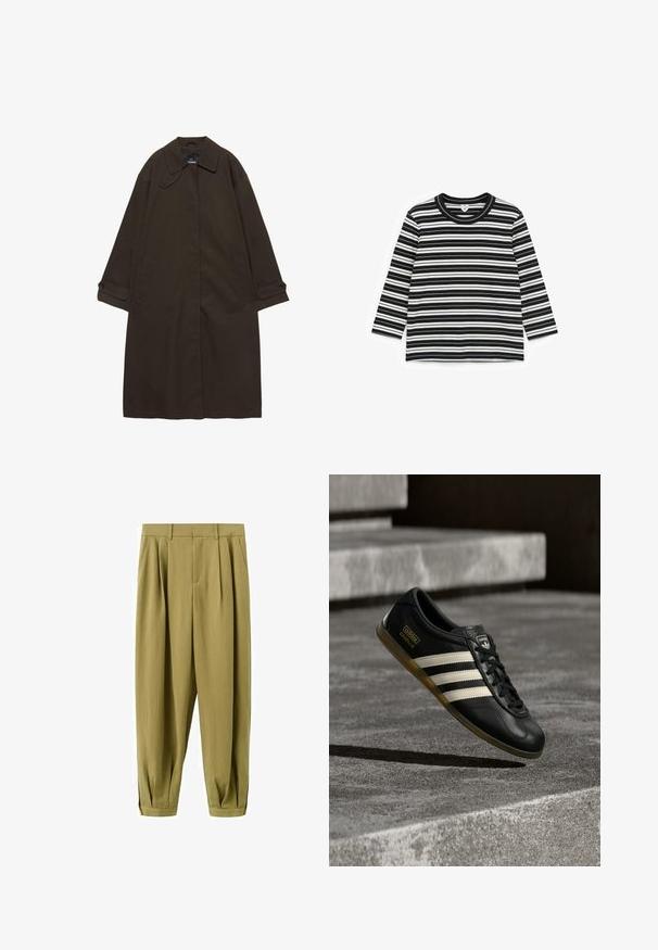 Trench-coat long marron foncé avec col large, poignets boutonnés, fermeture avant cachée, et poches latérales, étalé à plat sur fond blanc.; Chemise à rayures horizontales noir et blanc à manches longues avec col rond, posée à plat sur un fond blanc.; Pantalon taille haute fuselé vert olive avec plis à l'avant et ourlets retroussés, doté de poches latérales et de passants pour ceinture.; Baskets en cuir noir avec motif à trois bandes blanches, accents texturés, lacets noirs et semelle en gomme. Logo de la marque visible sur la languette.