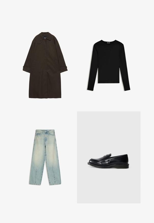 Donkerbruine lange trenchcoat met brede kraag, geruite manchetten, verborgen voorzijde sluiting en zijzakken, plat liggend op een witte achtergrond.; Zwart T-shirt met lange mouwen en ronde hals, eenvoudig ontwerp, plat neergelegd op een witte achtergrond.; Lichtblauwe wijde denimbroek met voorzakken, riemlussen, knoopsluiting en subtiele vervaagde details.; Zwarte leren instapper met een gladde afwerking, ronde neus en gestikte details op de voorkant, met een gestructureerde rubberen zool voor grip.