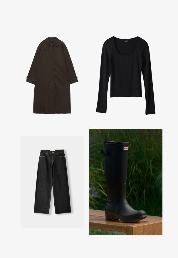 Trench-coat long marron foncé avec col large, poignets boutonnés, fermeture avant cachée, et poches latérales, étalé à plat sur fond blanc.; Haut noir à manches longues avec un décolleté en forme de scoop, en tissu léger, coupe ajustée et ourlet droit, présentant une texture lisse.; Jean noir en denim à jambes larges avec cinq poches, fermeture à bouton en métal et zip, et des coutures contrastantes jaunes le long des coutures.; Botte en caoutchouc noire montante avec un bout arrondi, un léger talon et une sangle à boucle. Présente le logo "HUNTER" à l'avant.