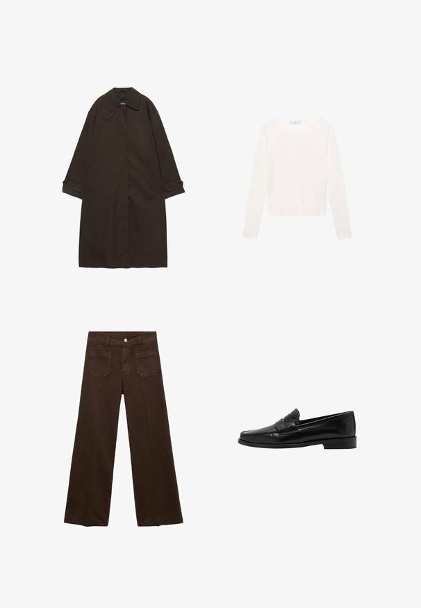 Donkerbruine lange trenchcoat met brede kraag, geruite manchetten, verborgen voorzijde sluiting en zijzakken, plat liggend op een witte achtergrond.; Witte lange mouw top van zacht materiaal. Heeft een ronde halslijn en een cropped ontwerp. Gladde textuur zonder zichtbare patronen of accenten.; Bruine wijde jeans van denim, met een hoge taille, twee achterzakken en een voor knoopsluiting. Gladde textuur, rechte pasvorm.; Mango Instappers - black