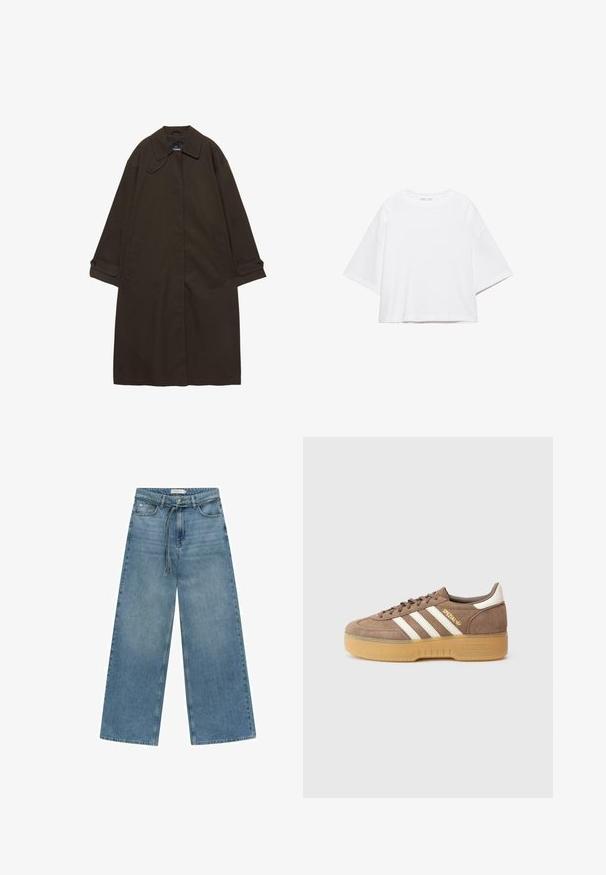 Mørkebrun lang trenchcoat med bred krave, knaplukning ved manchetter, skjult lukning foran og sidelommer, lagt fladt på hvid baggrund.; Hvid, kortærmet, løs t-shirt lavet af blød bomuld. Har rund halsudskæring og brede ærmer, med et rent, enkelt design.; Bredde ben blå denim jeans med medium vask. Har en snøre i taljen, frontlomme og en simpel finish uden yderligere pynt.; Brun ruskindsneaker med tre hvide striber, gylden branding og en struktureret gummisål. Rundet tå og polstret krave for komfort.