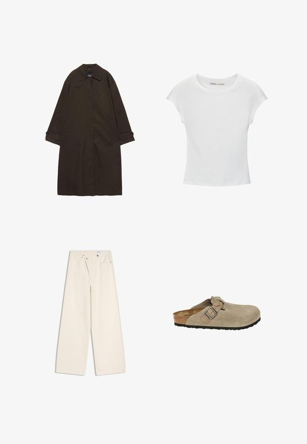 Donkerbruine lange trenchcoat met brede kraag, geruite manchetten, verborgen voorzijde sluiting en zijzakken, plat liggend op een witte achtergrond.; Witte katoenen T-shirt met korte, opgerolde mouwen, een ronde halslijn en een rechte zoom. Gladde textuur zonder zichtbare patronen of accenten.; Off-white wijde broek met steekzakken aan de voorkant, lussen voor een riem en zilveren knopen op de tailleband en de randen van de zakken.; Beige suède klompen met een ronde neus, verstelbare band en gesp, kurken tussenzool en een gestructureerde zwarte rubberen zool voor voldoende grip.