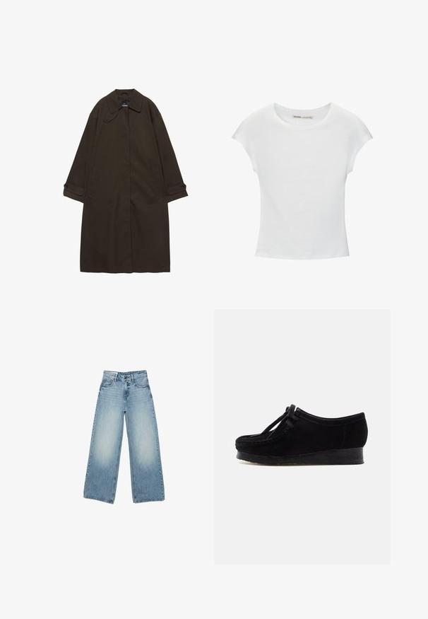 Mørkebrun lang trenchcoat med bred krave, knaplukning ved manchetter, skjult lukning foran og sidelommer, lagt fladt på hvid baggrund.; Hvid bomuld t-shirt med korte, opsmøgede ærmer, rund halsudskæring og lige kant. Glat tekstur uden synlige mønstre eller detaljer.; Lyseblå jeans med høj talje og vide ben, med lommer foran og bagpå samt knap- og lynlåslukning.; Sort ruskindssko med rund tå, forstærket syning og snøredetalje. Har en lav kile sål i gummi for ekstra komfort.