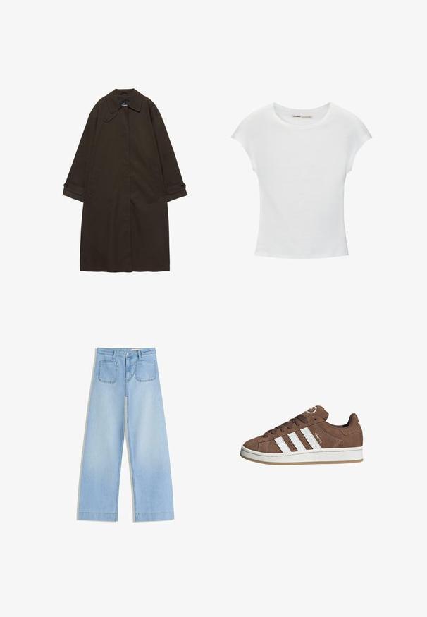 Donkerbruine lange trenchcoat met brede kraag, geruite manchetten, verborgen voorzijde sluiting en zijzakken, plat liggend op een witte achtergrond.; Witte katoenen T-shirt met korte, opgerolde mouwen, een ronde halslijn en een rechte zoom. Gladde textuur zonder zichtbare patronen of accenten.; Lichtblauwe jeans met wijde pijpen van denim. Voorzien van een hoge taille, een knoop- en ritsluiting aan de voorkant en twee achterzakken met gebogen stiksels.; Bruine suède sneaker met witte leren strepen, rubberen zool, ronde neus en vetersluiting. Kenmerkt zich door een logo op de tong en geperforeerde accenten.