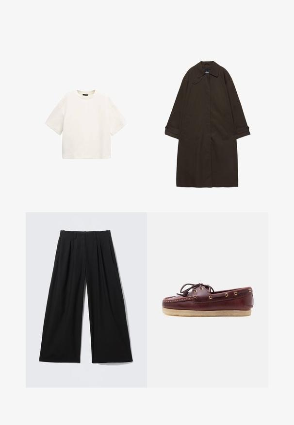Trench-coat long marron foncé avec col large, poignets boutonnés, fermeture avant cachée, et poches latérales, étalé à plat sur fond blanc.; T-shirt blanc uni à manches courtes et col rond avec une coupe ample, présenté sur un fond blanc.; Pantalon noir à jambes larges avec plis sur le devant, passants pour ceinture et fermeture dissimulée à l'avant, posé à plat sur un fond clair.; Mocassin pour homme en cuir marron foncé avec semelle en crêpe beige et détails de lacets noués sur le dessus, vu de côté.