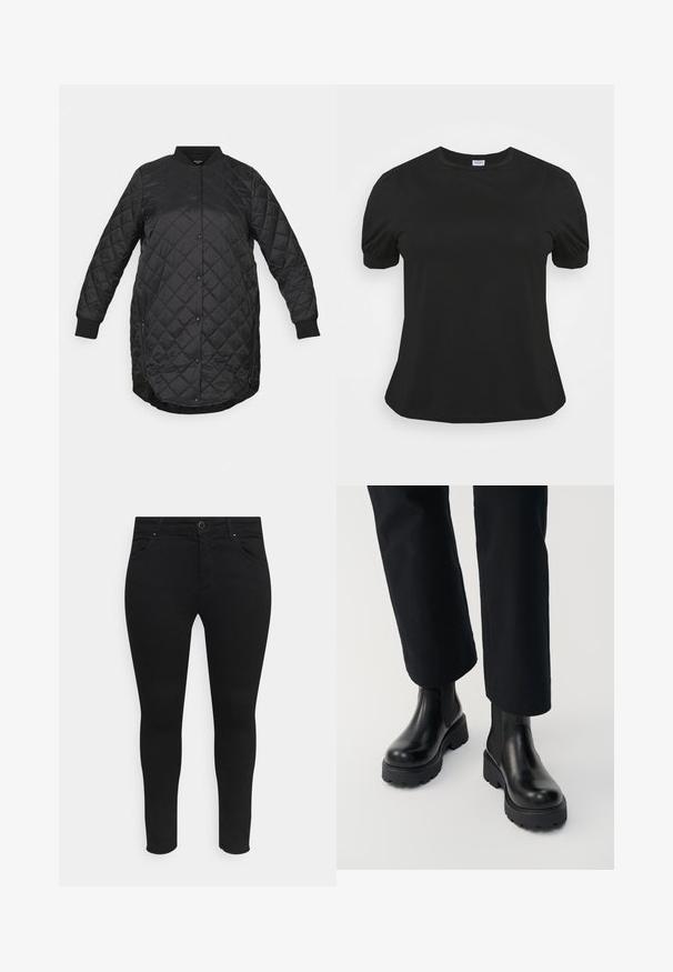 Vero Moda Curve VMHAYLE 3/4 - Talvemantel - black; Must päevadega T-särk mustas värvuses, ümar kaelus, pehme tekstuur ja kogutud detailid õlavarre õmblustes, millel on avar lõige.; Mustad kitsad teksad, mis on valmistatud venivast kangast, ees on taskud, nupuga kinnitamine ning sujuv disain ilma nähtavate mustrite või kaunistusteta.; Isik, kes kannab musta paksu tallaga nahast pahkluu-saapaid, mida on kombineeritud mustade sirgete pükstega valgel taustal.