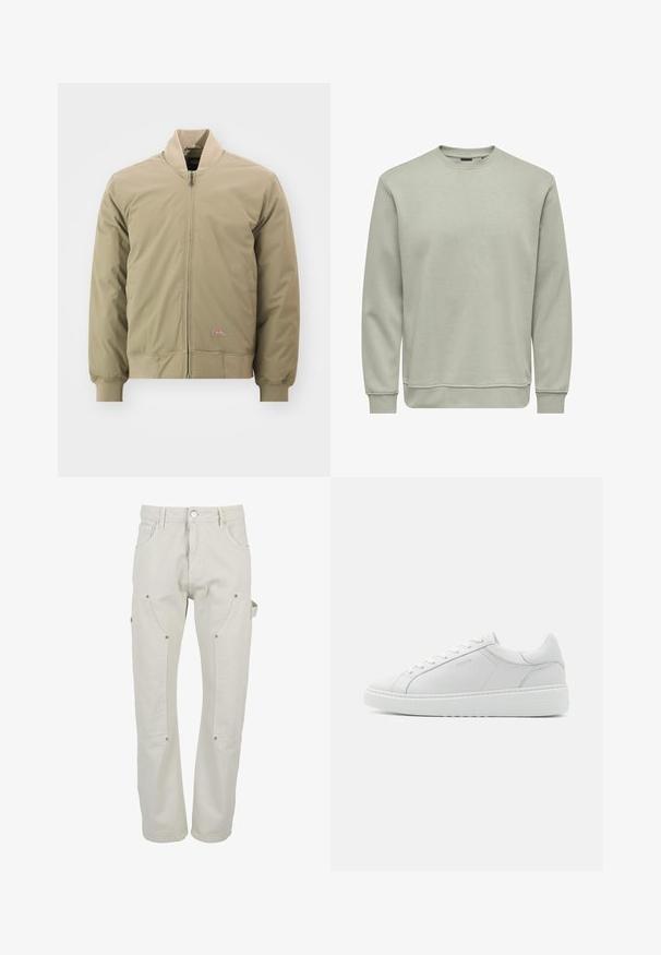 Licht khaki bomberjack met een rits aan de voorkant, ribbelboorden en een zachte kraag. Gemaakt van gladde stof met een klein logo-opdruk op de borst.; Lichtgroene sweatshirt gemaakt van een zachte katoenmix, met een ronde halslijn, ribbelmanchetten en een ribbelzoom. Eenvoudig, ongecompliceerd ontwerp.; Lichtbeige cargobroek gemaakt van duurzaam katoen. Voorzien van meerdere zakken, drukknoopsluitingen en een rechte pijp.; Witte lederen sneaker met een gladde textuur, ronde neus, laag profiel ontwerp en subtiele branding aan de zijkant. Gevoerde kraag en veters.
