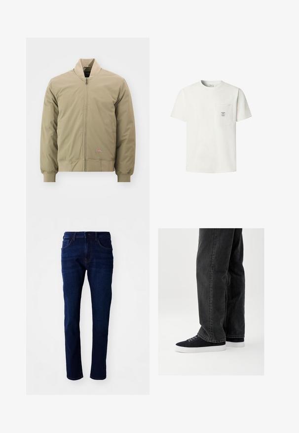 Licht khaki bomberjack met een rits aan de voorkant, ribbelboorden en een zachte kraag. Gemaakt van gladde stof met een klein logo-opdruk op de borst.; Witte katoenen t-shirt met een ronde hals, korte mouwen en een borstzak aan de linkerkant met een merketiket en wasinstructies.; Donkerblauwe spijkerbroek met een rechte pijp, vijf zakken en een klassieke knoopsluiting. De stof heeft een gladde textuur met subtiele vervaging.; Zwarte denim jeans met een losse pasvorm, gecombineerd met marineblauwe suède sneakers met witte rubberen zolen en zwarte veters. Eenvoudig en modern ontwerp.