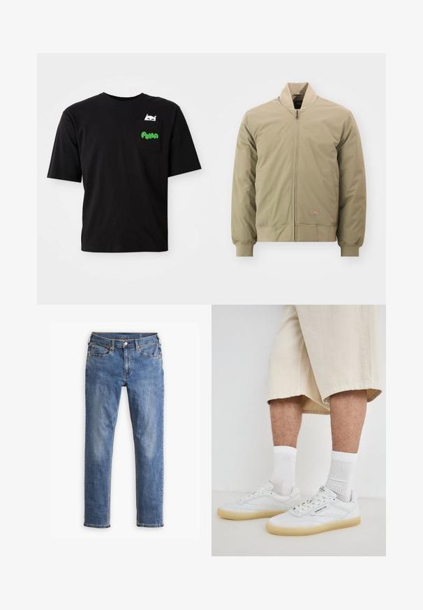 Helle khaki Bomberjacke mit einem Reißverschluss vorne, gerippten Bündchen und einem weichen Kragen. Hergestellt aus glattem Stoff mit einem kleinen Logo-Patch auf der Brust.; Schwarzes Baumwoll-T-Shirt mit kurzen Ärmeln, ausgestattet mit einer Tasche, die eine Katzengrafik und grünen "PUMA"-Text zeigt. Lässiger Schnitt und glatte Textur.; Blaue Slim-Fit-Denimjeans mit fünf Taschen und Knopfschluss, mit leichter Ausbleichung an Oberschenkeln und Knien, auf weißem Hintergrund präsentiert.; Weisse Leder-Sneaker mit Kautschuksohlen, versehen mit perforierten Akzenten, Schnürsenkeln und einem Logo auf der Zunge. Getragen mit weissen Crew-Socken und beigen Shorts.