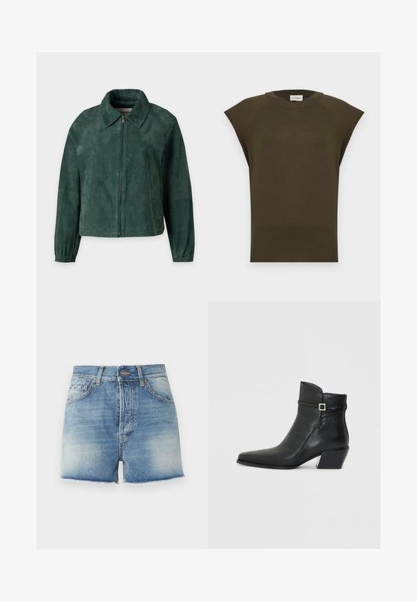 Veste en daim vert foncé avec fermeture éclair à l'avant, manches longues avec poignets élastiques et col pointu.; Haut sans manches en maille vert olive foncé avec col rond et ourlet côtelé, présenté à plat sur un fond clair.; Short en denim bleu clair avec délavage, cinq poches, passants pour ceinture, fermeture à bouton et bords d'ourlet bruts.; Bottines en cuir noir avec un bout pointu, un petit talon carré et une sangle décorative avec une boucle en argent. Texture lisse.