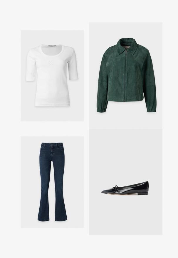 Veste en daim vert foncé avec fermeture éclair à l'avant, manches longues avec poignets élastiques et col pointu.; Top blanc côtelé à manches courtes avec col rond et motif délicat embossé sur la poitrine.; Jean en denim bleu foncé à taille haute et jambes évasées, avec poches avant, passants de ceinture et fermeture par bouton.; Chaussure plate en cuir verni noir avec un bout pointu, une petite lanière décorative et un petit talon carré. Texture lisse et design épuré.
