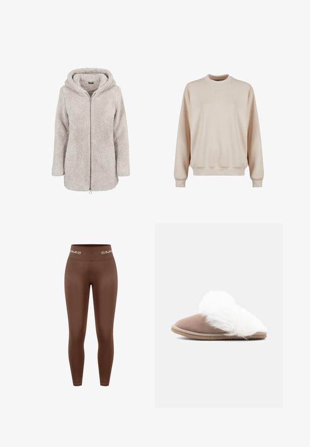 Lysegrå, blød sherpa fleece jakke med lange ærmer, fuld frontlynlås og fastgjort hætte, vist på hvid baggrund.; Beige sweatshirt, rund hals, lange ærmer, let faldende skuldre, struktureret stof, med diskret broderet logo på brystet.; Brune leggings med høj talje og glat tekstur, med en strikket linning med "SMIMS"-logo i hvid, tætsiddende design, fuld længde.; Brun ruskinds slip-on slippers med tykt, hvidt kunstpelsfor og en skridsikker gummisål, vist fra siden på en hvid baggrund.
