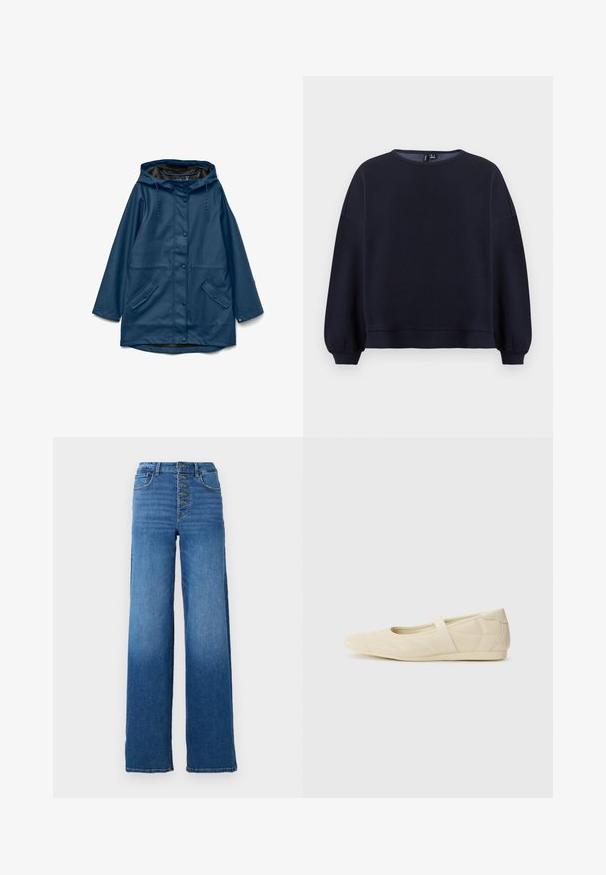 Marineblauwe waterdichte regenjas met capuchon, drukknoopsluiting aan de voorkant, trekkoorden en twee klepzakken aan de voorkant met knoopsluitingen.; Marineblauwe sweatshirt met een ronde halslijn, verlaagde schouders en verzamelde mouwen. Soepele textuur met een relaxte pasvorm en geribbelde zoom.; Brede blauwe denim jeans met een hoge taille en vijf knopen. Kenmerkt zich door klassieke stiksels en een nette zoom.; Beige ballerina's met een gladde leren buitenkant, amandelvormige punt en elastische band over de wreef, met subtiele stiksels.