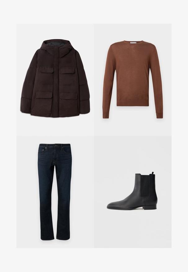 Dondup PUFFIER JACKET - Talvitakki - burgundy; Ruskea neulepaita, jossa on pitkät hihat ja pyöreä kaula-aukko. Ominaisuuksina kevytrakenteisuus sekä ribbaus hihansuissa ja helmassa. Yksinkertainen muotoilu.; Tummansiniset farkut suoran lahkeensa leikkauksella, joissa on perinteinen viiden taskun malli ja hienovaraiset ompeluyksityiskohdat.; Musta nahkainen Chelsea-saapas, jossa on joustavat sivupaneelit ja matala korollinen kanta, esitetty sivuprofiilissa yksinkertaisella vaalealla taustalla.