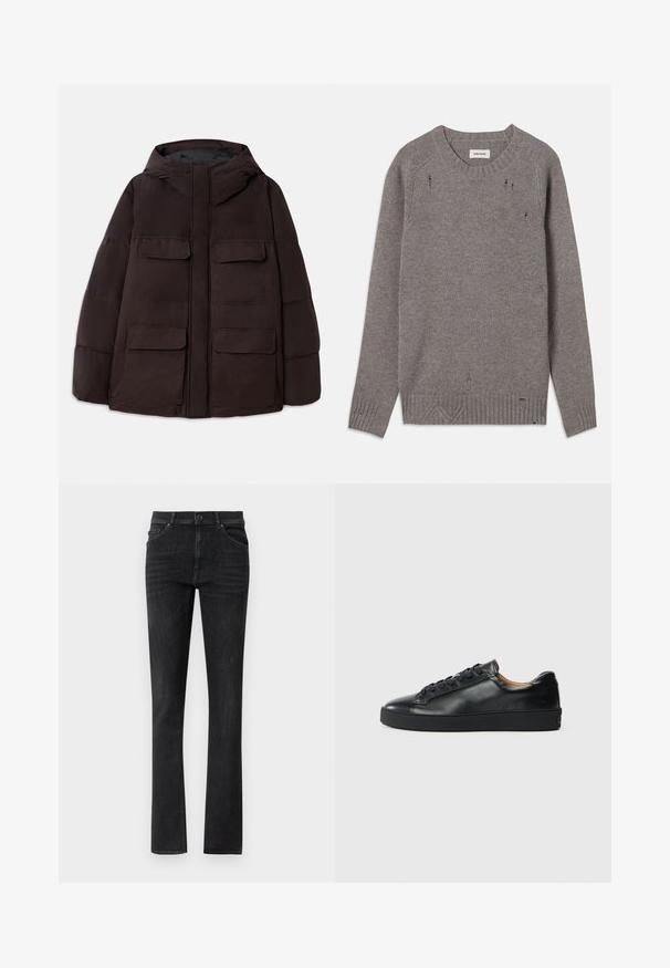 Dondup PUFFIER JACKET - Zimná bunda - burgundy; Šedý pletený sveter s okrúhlym výstrihom, rebrovanými manžetami a spodným lemom, s jemnými poškodenými detailmi pozdĺž ramien a spodnej časti.; Čierne denimové džínsy so strihom rovného nohavice, obsahujúce predné vrecká a zapínanie na gombík. Hladká textúra s jemným vyblednutím.; Čierne kožené tenisky s hladkým povrchom, okrúhlou špičkou a šnúrkami. Majú hrubú gumenú podrážku a minimálne značkové detaily.