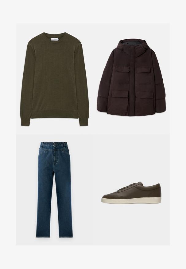 Dondup PUFFIER JACKET - Talvejope - burgundy; Tume roheline, pikad varrukad, soonikute ja äärisega sviiter. Valmistatud pehmest materjalist, klassikalise ümmarguse kaelusega ja minimalistliku disainiga.; Tumed sinine denim sirge säärega teksapüksid kõrge vööni, millel on esipockets ja nööbi sulgemine. Tekstureeritud kangas, millel on peened pleekinud kohad.; Tumepruuni madala säärega nahast tennisking, ees paelaga ja koorevärvi kummist tallaga, näidatud valgel taustal välisküljelt.
