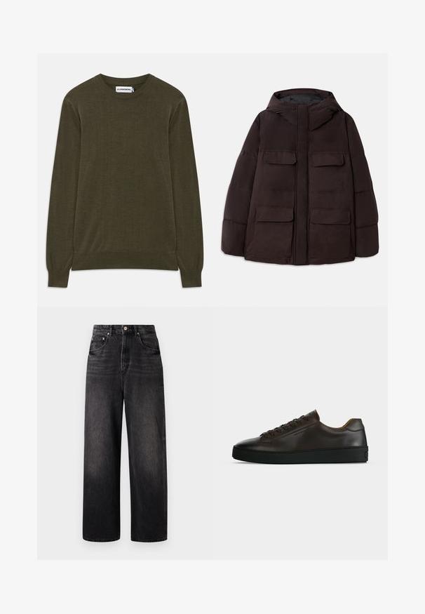 Dondup PUFFIER JACKET - Talvejope - burgundy; Tume roheline, pikad varrukad, soonikute ja äärisega sviiter. Valmistatud pehmest materjalist, klassikalise ümmarguse kaelusega ja minimalistliku disainiga.; Mustad teksad mustast denimist, laia lõikega, kõrge taljega, viie taskuga ja nähtava nööbiga kinnitusega. Omab peent halvenemist ja sirget jala disaini.; Madalprofiilne tumepruun nahast toss, musta kummist tallaga, eespaelaga ning sile ja minimalistlik disain heledal taustal.