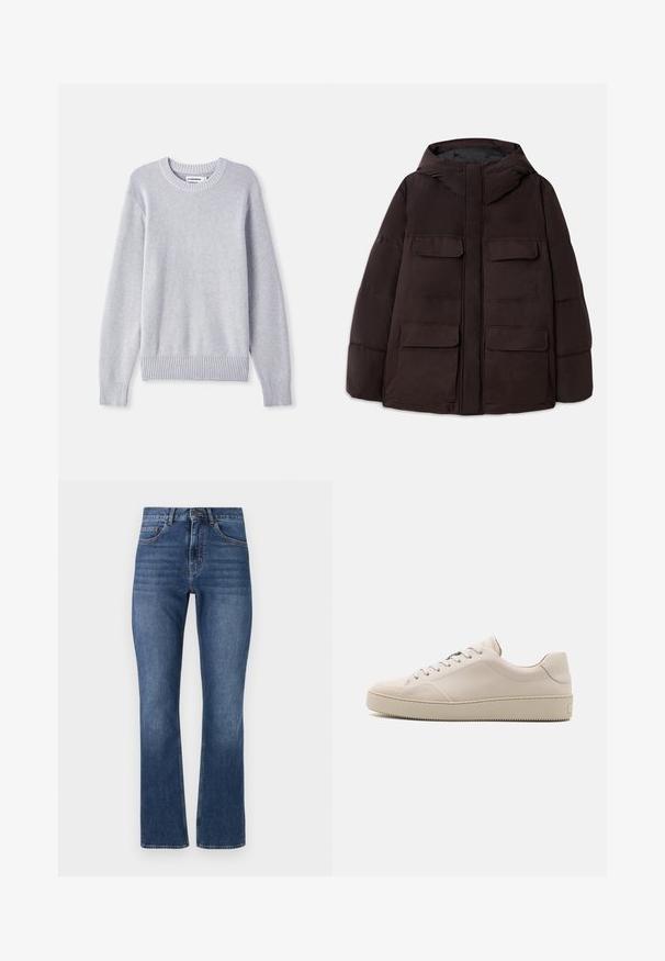 Dondup PUFFIER JACKET - Zimná bunda - burgundy; Svetlo šedý pletený sveter s okrúhlym dekoltom, dlhými rukávmi, rebrovanými manžetami a lemom, ktorý má textúrovaný vzor po celom obvode.; Modré džínsy so strihom rovného nohu, ktoré majú klasické vrecká a prešité pásiky, s medzlím praním a jemným zjemnením.; Béžové kožené tenisky so hladkým povrchom, okrúhlou špičkou, plochou podrážkou a klasickým šnurovaním. Jemné akcenty z prešívania a textúrovaná podrážka.
