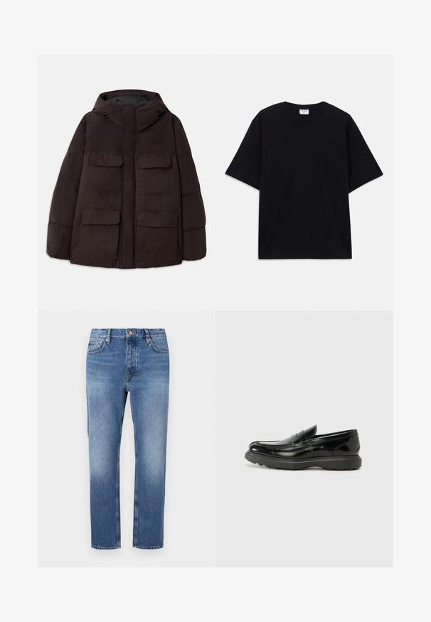 Dondup PUFFIER JACKET - Winterjas - burgundy; Zwarte oversized T-shirt met korte mouwen en ronde hals, met zichtbaar Filippa K merkelabel aan de binnenkant van de kraag.; Blauwe denim jeans met een rechte pijp, lichte wassing, klassieke vijf-pocket stijl en een sluiting met voorknop.; Zwarte leren instapper met een glanzende afwerking, een ronde neus, subtiele stiksels en een dikke rubberen zool voor duurzaamheid.