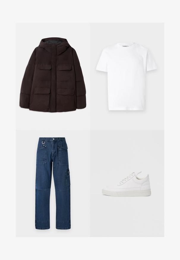 Dondup PUFFIER JACKET - Winterjas - burgundy; Witte katoenen t-shirt met een ronde hals en korte mouwen. Bevat een klein, reliëf logo op de linker borst. Soepele textuur.; Donkerblauwe denim cargo broek met een rechte snit, voorzien van meerdere zakken, metalen hardware en contrasterende stiksels.; Witte leren sneaker met een afgeronde neus, platte zool en veters aan de voorkant. Voorzien van stikseldetails en een gevoerde kraag voor comfort.