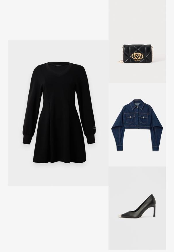 Chaqueta de denim azul oscuro, recortada y con mangas largas, dos bolsillos en el pecho y botones plateados. Con detalles de costura en contraste en color naranja.; Vestido negro de manga larga con escote en V, cintura ajustada, falda acampanada y puños acanalados, expuesto sobre un fondo blanco liso.; Zapato de tacón alto de cuero negro con punta en forma de pico y una tapa metálica plateada. Presenta un acabado suave y un tacón delgado de 10 cm.; Bolso de mano negro acolchado de cuero con correa de cadena dorada y logotipo dorado de Love Moschino en el centro delantero.
