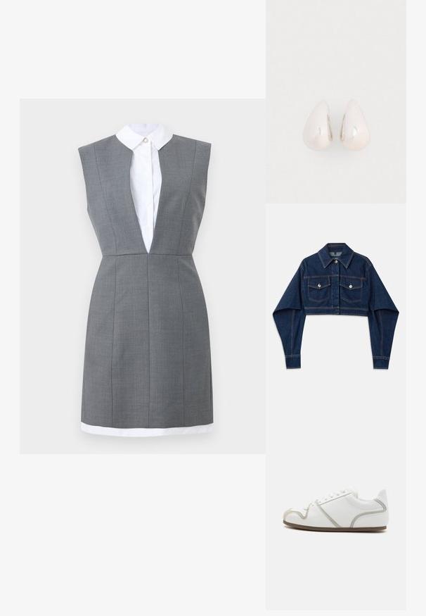 Veste en denim cropped bleu foncé avec des manches longues, deux poches poitrine et des boutons argentés. Présente des détails de surpiqûres orange contrastantes.; Robe grise sans manches, cintrée, avec un décolleté en V profond, superposée à une chemise blanche à col boutonnée, longueur genou, taille ajustée.; Baskets blanches avec des accents en suède ; elles présentent un bout arrondi, une semelle plate et six œillets. Design épuré avec des détails de couture subtils.; Boucles d'oreilles en métal argenté en forme de goutte, avec une surface lisse et réfléchissante, présentant un design sans couture et sans embellissements visibles.