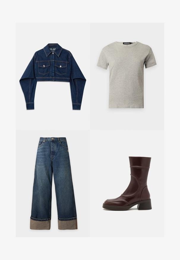 Dunkelblaue, taillierte Jeansjacke mit langen Ärmeln, zwei Brusttaschen und silbernen Knöpfen. Hat kontrastierende orangefarbene Nähte.; Hellgraues kurzärmeliges Baumwoll-T-Shirt mit Rundhalsausschnitt und sichtbarem schwarzem Label im Kragen mit der Aufschrift "DENIM" und Größe "S".; Weit geschnittene blaue Denim-Jeans mit umgeschlagenen Säumen, die helleren Innenstoff zeigen, Vordertaschen und Knopfverschluss an der Taille.; MIISTA MALENE - Stiefelette - brown
